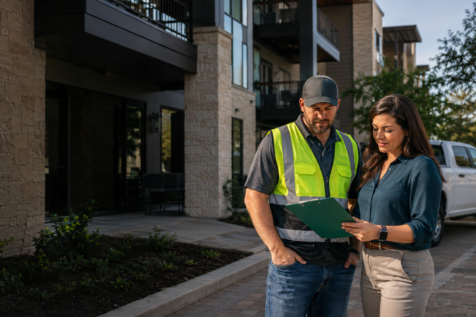 Builder and property manager reviewing work at a Central Texas property